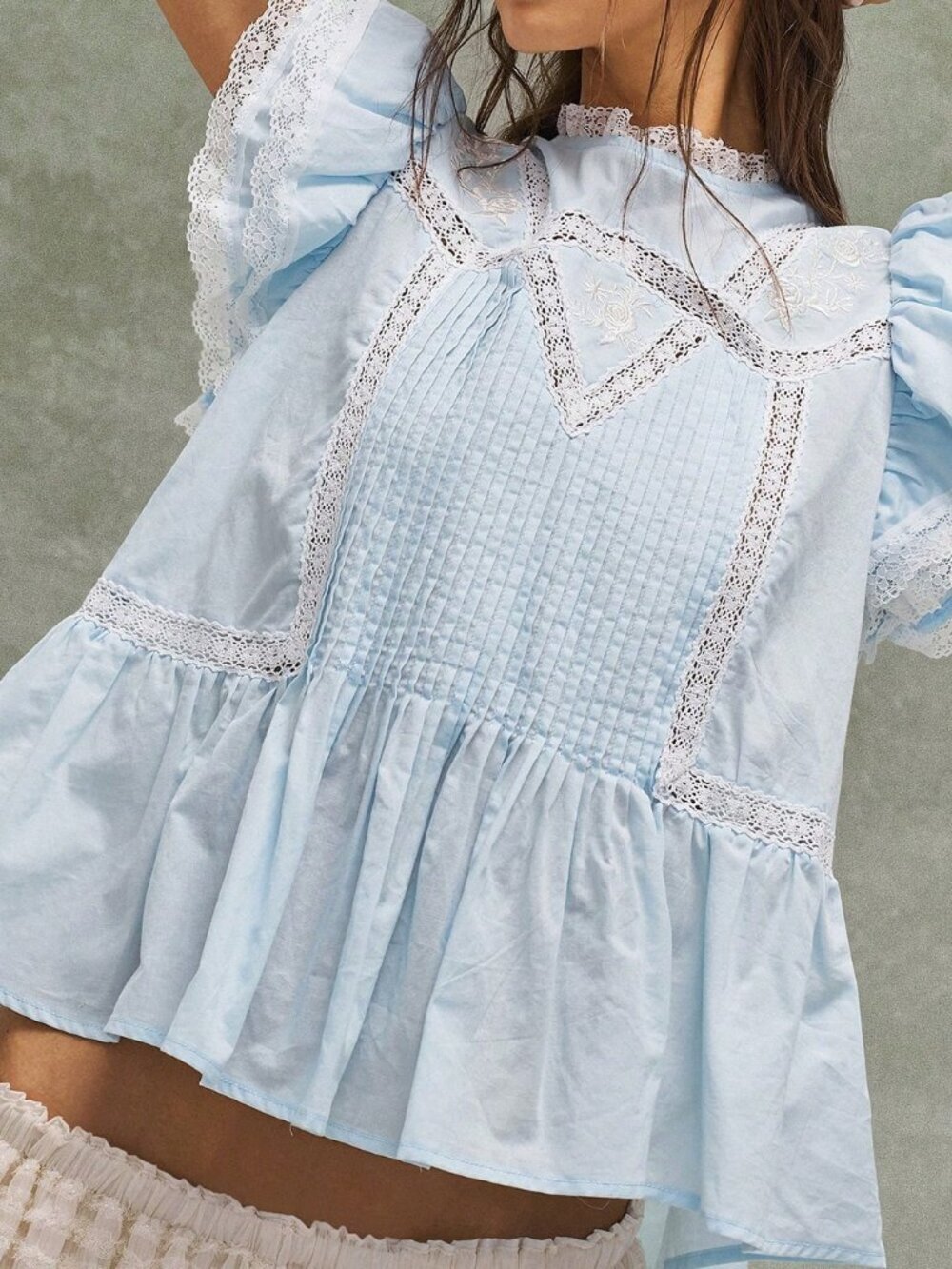 Blue Cottagecore Boho Women's Embroidered Ruffled Patchwork Blouse - Picture 5 of 8